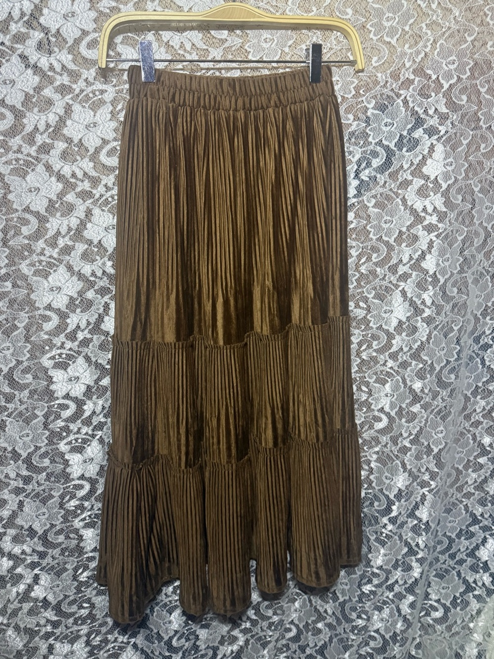 Vintage Brown Pleated Tiered Maxi Skirt small